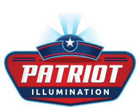 Patriot Illumination logo: Its a combination of red and blue, similar to a badge it has a shining star at the top - jc chanowsky