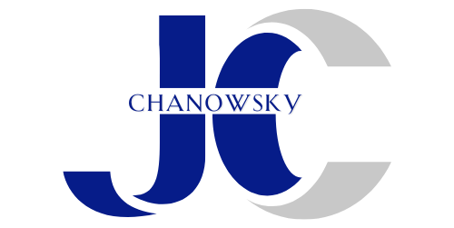 JC Chanowsky logo, color: blue, with Two large letters, J and C and "CHANOWSKY" in small font in the middle of both letters - jc chanowsky